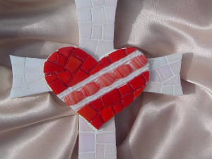 Mosaic Red Beaded Heart Cross ~ Closeup