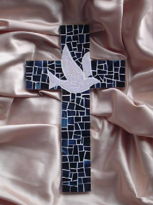 Mosaic Cross ~ Dove in Flight Navy Background