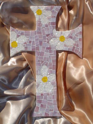 Mosaic Cross ~ Beaded Daisies Lavender Background