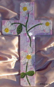 Mosaic Cross ~ Beaded Daisies & Vine on Pink