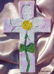 Mosaic Cross ~ Beaded Daisy on Pink
