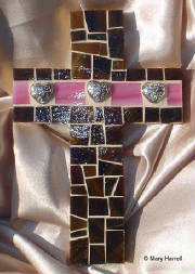 Mosaic Cross ~ Silver Hearts and Pink on Chocolate