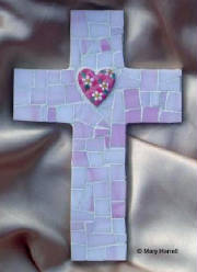 Mosaic Cross ~ Handpainted Daisy Heart on Pink