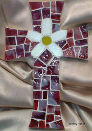 Mosaic Cross ~ Pieced Daisy on Maroon