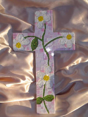 Mosaic Cross ~ Beaded Daisies and Vine on Pink