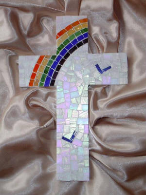 Mosaic Cross ~ Rainbow & Bluebirds