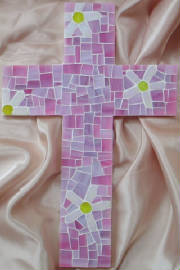 Mosaic Cross ~ Pieced Daisies on Bright Pink