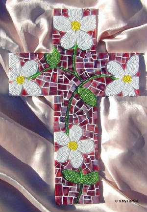 Mosaic Cross ~ Beaded Daisies & Vine on Maroon