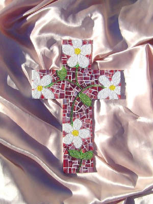 Mosaic Cross ~ Beaded Daisies on Maroon