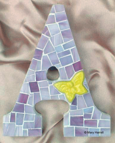 Mosaic Letter "A" ~ Lavender with Yellow Butterfly